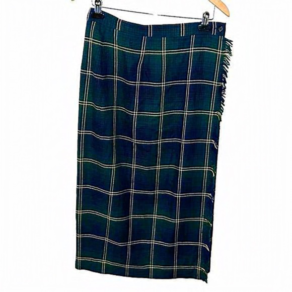 Talbots Dresses & Skirts - Talbots Vintage Fringe Wrap Plaid Tartan Wool Maxi Skirt Women Sz 12 Blue Green